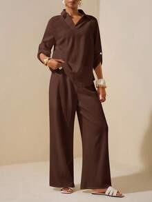 Zivah New Summer Casual Elegant Vacation Daily Dating Commuting Work Wear Simple Basic Style Lapel Long-Sleeved Drop Shoulder Loose Shirt + Wide-Leg Ultra-Long Pants White Women's Two Pieces Suit Blouse And Pants Set 2 Piece Linen Sets Woman Brown Outfit Women - Brown - View 4