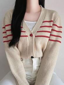 DAZY Chaqueta de punto de cuello en V con contraste de color, suéter holgado de manga larga informal para mujer - Albaricoque - Ver 1