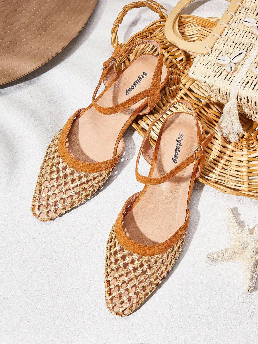 Styleloop 女士编织镂空网眼透气一脚蹬方头舒适优雅平底鞋，度假风格 - 橘色 - 查看 1