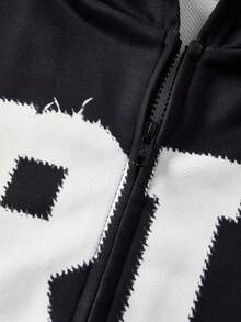 SHEIN 2pcs Kids/Teen Boys Casual Everyday Versatile Comfortable Letter Print Graphic Open Front Loose Long Sleeve Hoodie And Relaxed Fit Printed Sweatpants Knit Outfit Set Suitable For Birthday Parties, Evening Parties, Performances, Weddings, Baptisms, Opening Ceremonies Daily Suitable For Daily Use Suitable For School Suitable For Travel Suitable For Sports Suitable For Autumn And Winter Fall Jogging Hoodie - Black - View 3