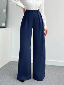 SHEIN Tall 女款純色高腰寬腿長褲，適合高個女性 - 藏蓝色 - 查看 4