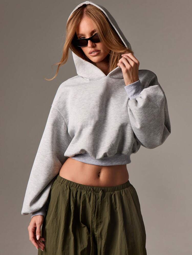 Oversized Cropped Hoodie With Drawstring And Elastic Hem