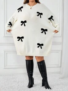 SHEIN CURVE+ 女士蝴蝶结图案圆领落肩长袖休闲毛衣裙，秋冬蝴蝶结连衣裙套头连衣裙蝴蝶结连衣裙/秋冬 - 黑與白 - 查看 4