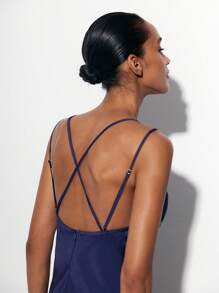 Maija 女式海军蓝缎面长裙，百搭四季现代都市时尚商务优雅纯色无袖连衣裙 - 藏蓝色 - 查看 5