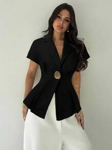 Firerie Women's Casual/Office Linen Ruched Waist Short Sleeve Shirt With Metal Button, Navy Blue,Elegant Women's Blouses - Black - View 3