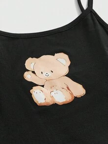 ROMWE Kawaii 可爱卡通蝴蝶结小熊吊带短裤睡衣套装 - 黑色 - 查看 3