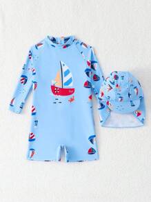 SHEIN 男婴可爱卡通帆船图案长袖连体泳衣带遮阳帽，适合海滩、冲浪、游泳、旅行和度假