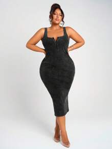 SHEIN SXY 大码女式春夏性感日常基本款复古水洗方领无袖紧身拉链 V 领休闲中长连衣裙