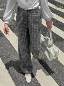 青少年女孩休闲通勤格子直筒裤 - 灰色 - 查看 5