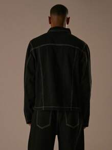 Musero Oversized Boxy Fit Contrast Stitch Quarter Button Up Denim Shirt Top Only /Winter - Black - View 4