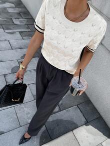 Pariaura Women's Striped Round Neck Casual Loose Short Sleeve Knit Top - Apricot - View 6