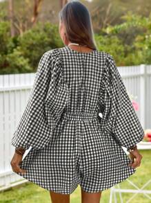 KARISMINA Women's Woven Plaid V-Neck Bubble Sleeve Romper,Vacation Outfits Woman,Women Casual Outfit Vacation,Summer Romper For Vacation ,Cute Summer Romper - Black and White - View 2