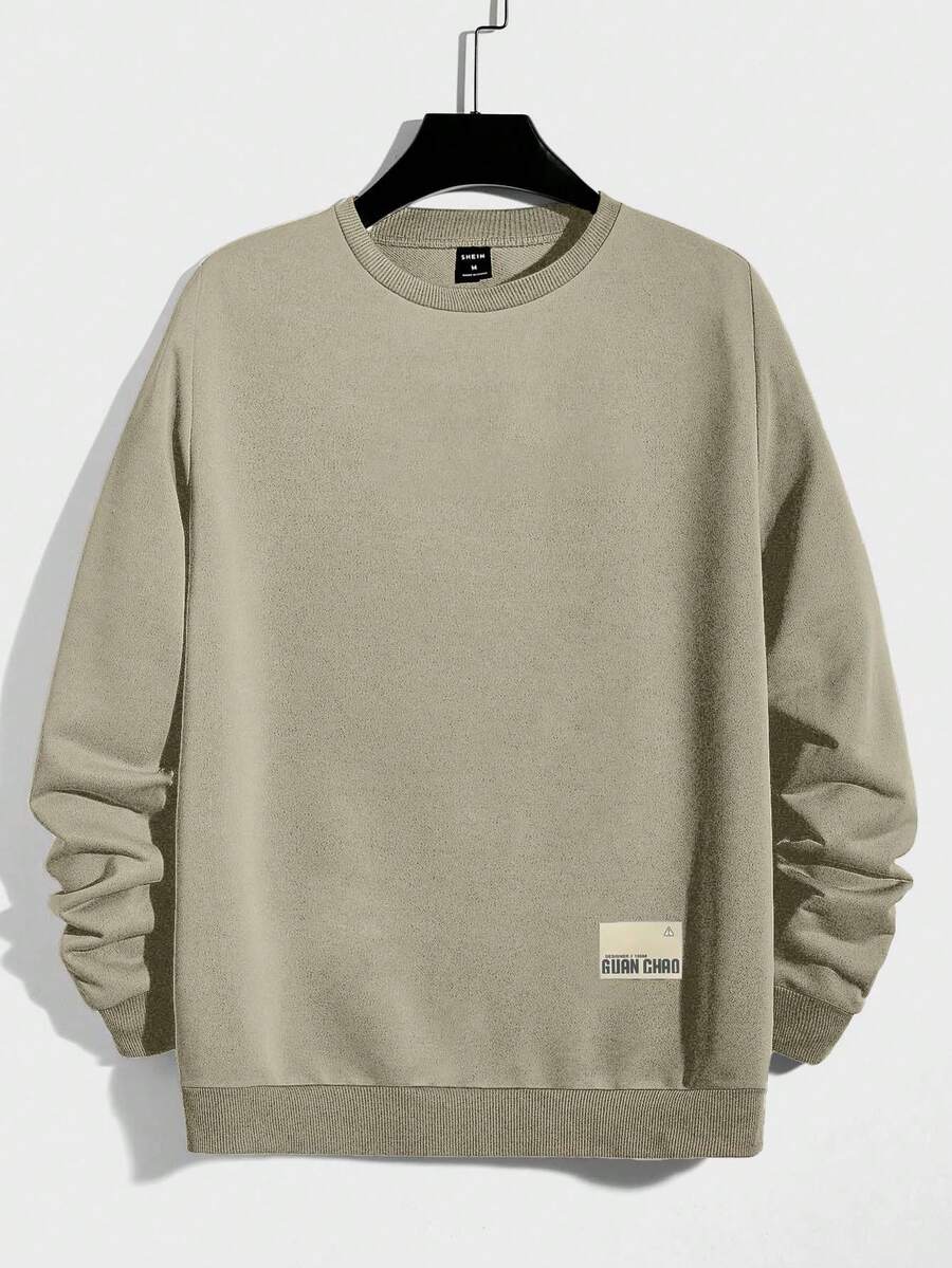 EURMUSE 100%Cotton Men Letter Patched Sweatshirt - Beige - View 1