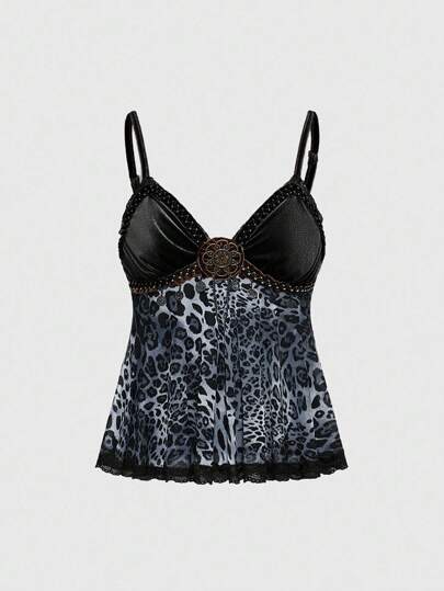 Camiseta de tirantes de mujer con estampado vintage de leopardo, patchwork de terciopelo y estilo hippie retro