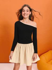 SHEIN 青少年女孩休闲拼色圆领长袖拼布连衣裙 - 黑色 - 查看 3