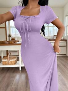SHEIN 女士休闲纯色提花褶皱荷叶边方领长款连衣裙家居服 - 紫色 - 查看 4