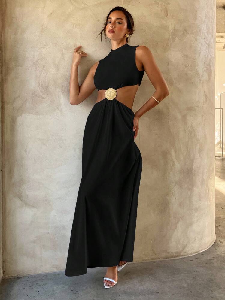 Aloruh Minimalist Commuter Chic Wedding Season Sexy Extra Long Dress,Elegant Dresses For Women - Black - View 3