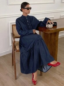 DAZY 女士荷叶边上衣和宽松牛仔长裙套装 - 藍色 - 查看 5