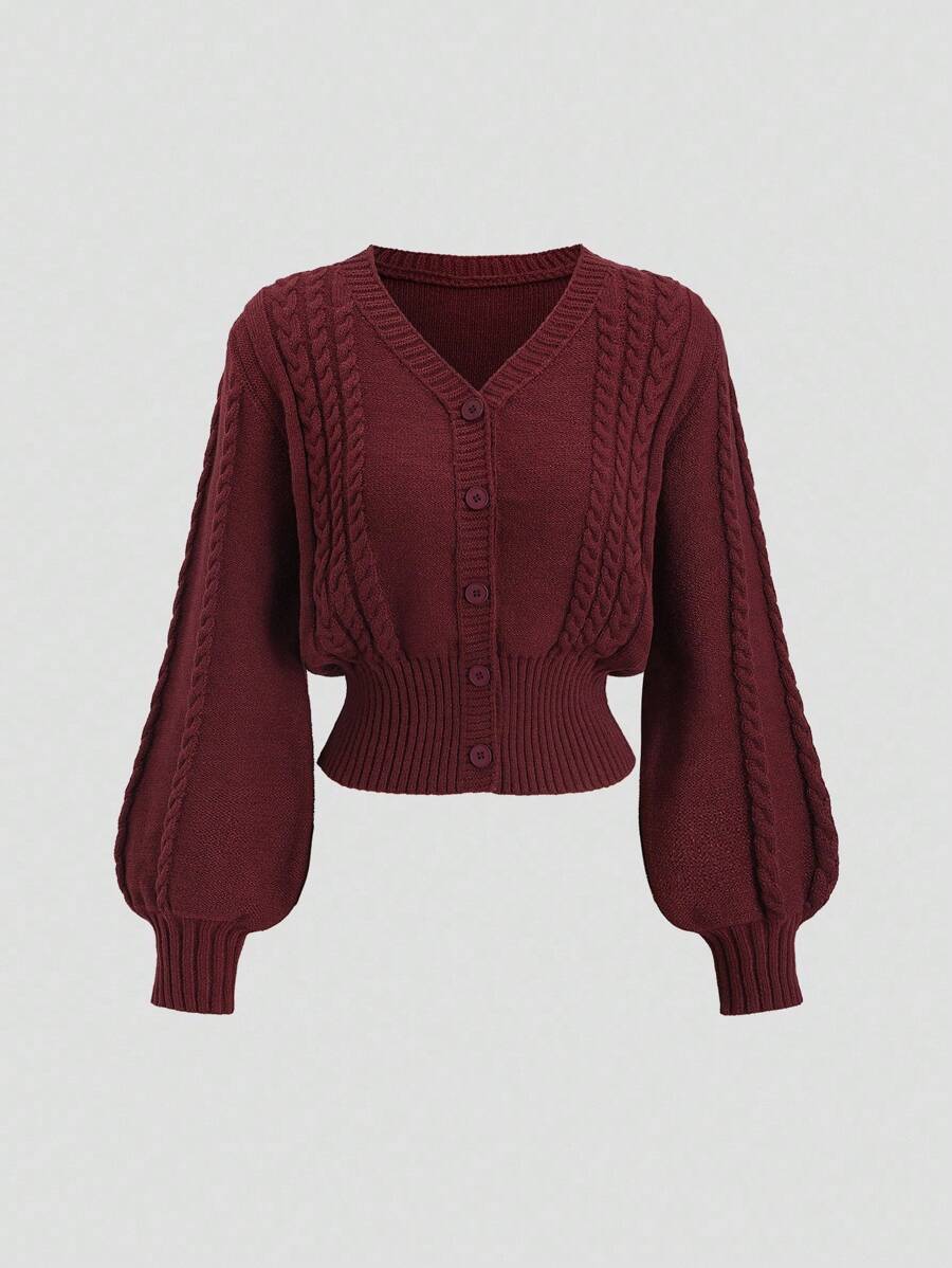 Sweetra Women's Loose Fit Lantern Sleeve V-Neck Cardigan Sweater, Minimalist & Sweet, Burgundy, Autumn/Winter Fall Cloth For Women - Burgundy - View 1