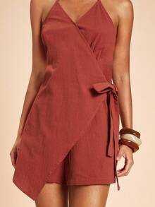 Travachic 女士纯色编织吊带连体裤，度假女士夏季连体裤，吊带连体裤，休闲连体裤，裹身式连体裤，度假连体裤 - 紅木色 - 查看 7