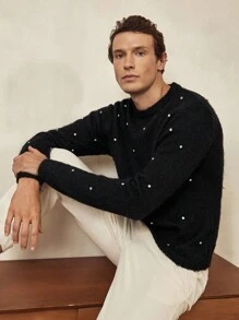 Manfinity Homme 时尚博主风格纯色重工装饰水钻男士毛衣，欧美新款男士水钻毛衣男士装饰毛衣，秋冬 - 黑色 - 查看 6