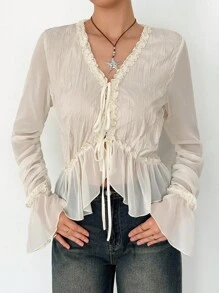 SHEIN Tall 女士纯色荷叶边前系带喇叭袖时尚衬衫奶油色系带上衣荷叶边衬衫 - 米色 - 查看 7