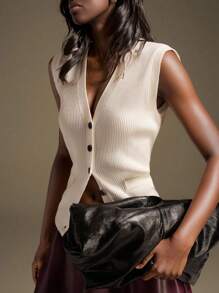 Ontre 2025秋冬新款白色V领前扣单排扣宽肩针织背心开衫，优雅都市浪漫西部朋克Y2K乡村音乐节复古风格韩国机场旅行街头婚礼嘉宾生日万圣节商务休闲办公室约会派对外出机场返校秋冬女装 - 白色 - 查看 5