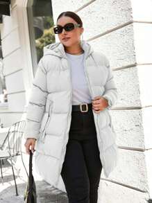 EURMUSE Plus Size Casual Solid Color Hooded Jacket, Versatile For Winter - White - View 1