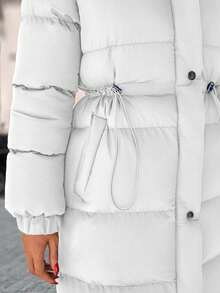 EURMUSE Zip Up Drawstring Waist Long Padded Coat - White - View 6