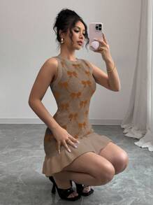 Elenzga Unique Design Sleeveless Bow Ruffle Hem Women Sweater Dress - Multicolor - View 5