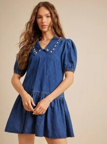 WESTFADE Vestido vaquero mini de cintura baja con mangas cortas abullonadas, cuello bordado con flores estilo campestre, relajado, para volver al colegio, ropa linda de otoño