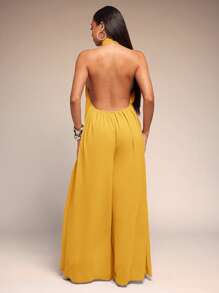 Vixey Solid Chiffon Halter Neck Open Back Wide Leg Jumpsuit - Yellow - View 3