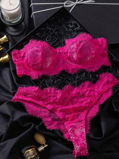 SHEIN 2 st Plus Size Dam Spets Axelbandslösa Bandeau Transparenta Lingerie Set Rosa Spets Lingerie Set, Lift