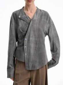 Aalyst 女士休闲分层设计长袖纹理衬衫，秋季 - 灰色 - 查看 3