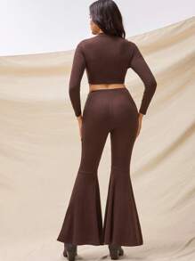 Boho Mama 2pcs Maternity Set: Solid Color Round Neck Long Sleeve T-Shirt And Adjustable Waist Flare Pants  Fall Clothes Boho Maternity Fall Winter Clothes Bohemian - Brown - View 2