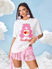 SHEIN X Care Bears Women's Letter & Cartoon Bear Embroidered Round Neck Short Sleeve T-Shirt - White - View 4