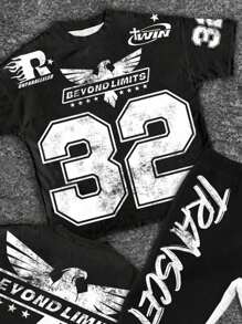 SHEIN Bolty 2pcs Tween Boy Casual Text, Stylish Eagle Graphic Print Crew Neck T-Shirt And Flare Pants Set, Suitable For Summer, Back To School, Y2K, Kids Clothes - Multicolor - View 4