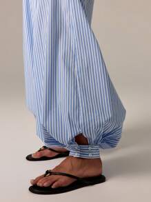 AiiRZ 灯笼哈伦裤棉质休闲抽绳阔腿夏季沙滩家居服假日休闲宽松地中海风格竖条纹裤带侧袋