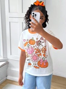 Girls' Halloween & Easter Party Cute Ghost Pumpkin Candy Graphic Funny Short Sleeve T-Shirt - Multicolor - View 6