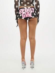 SUMWON WOMEN Polka Dot Print Hot Pants Booty Shorts High Waisted Side Tie Detail Mini Shorts Festival Dancing Club Party Cute Fashion Shorts - Black - View 2