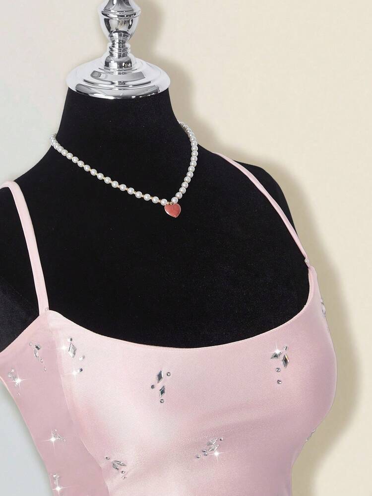 SHEIN ICON Dwuczęściowy zestaw damski w stylu Y2K: różowy top z kryształkami i dopasowana mini spódniczka z niskim stanem, seksowny i szykowny - Różowy - Zobacz 8