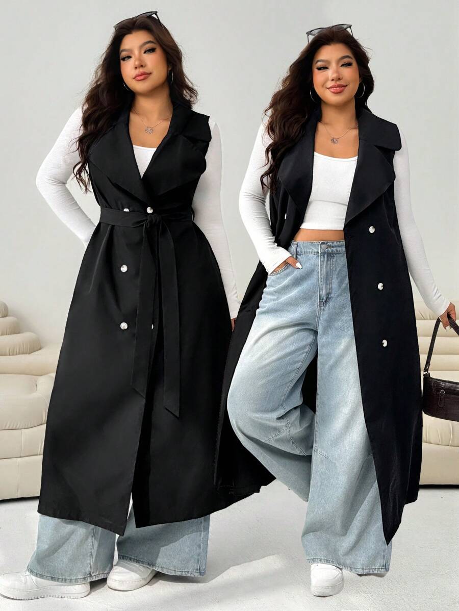 Solflare Women Plus Size Black Sleeveless Casual Trench Coat Sleeveless Blazer Winter Fall Autumn