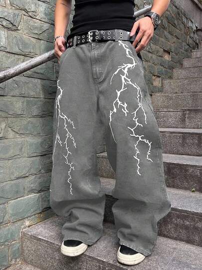 Manfinity EMRG 男士休闲水洗闪电印花阔腿牛仔裤