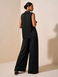 Zivah 2025 春夏新款音乐节、复活节、圣帕特里克节、西部风、游牧风、生日派对、毕业典礼、学院风、学生装、日常休闲、基础百搭、休闲、邮轮旅行、海滩、日光浴、病毒式传播、街头服饰、婚礼宾客波西米亚风、通勤、早午餐、机场装 2 件套：棕色缎面醋酸亚麻仿高领褶皱无袖上衣和西装裤 - 黑色 - 查看 2