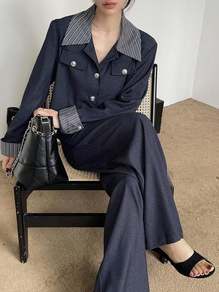 Women's Striped Lapel Long Sleeve Single-Breasted Jacket And Pants Casual 2 Pieces Set