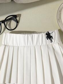 1 Chân váy xếp ly thêu họa tiết ngựa cạp chun cho bé gái, phong cách thường ngày đi học, phù hợp cho mùa xuân, hè, thu - trắng - Xem 6