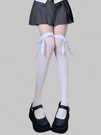 Kawaii 1 Paar süße Schleifenband Overknee-Socken, Lolita-Stil weiße einfarbige Spitzen-Oberschenkelsocken, Alltagstragen ultra-dünne elastische transparente Strumpfhosen