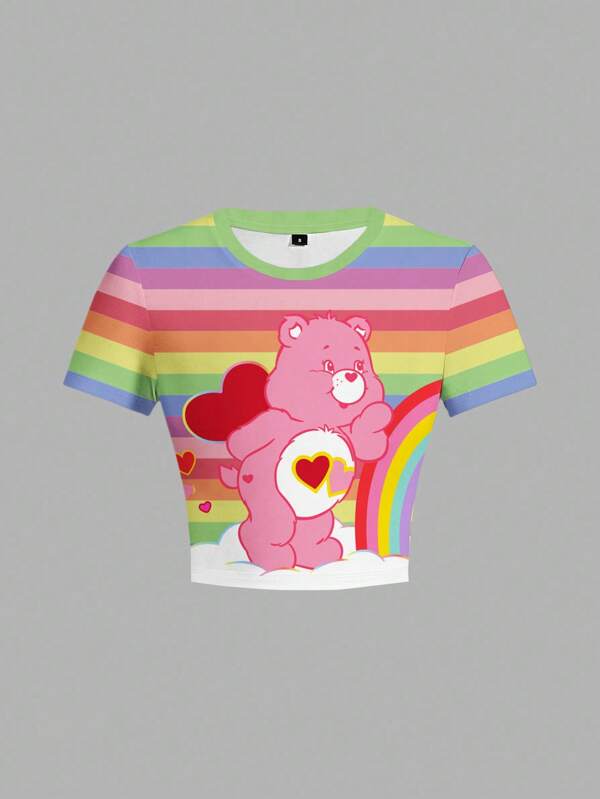 SHEIN X Care Bears Women's Tight Fit Cartoon & Print Striped Short Sleeve T-Shirt