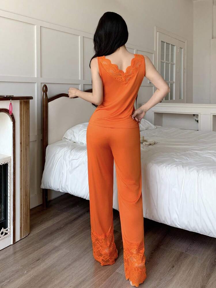 SHEIN Semi-Sheer Orange Pajama Set With Contrast Lace And Regular Fit Pants - Orange - View 2