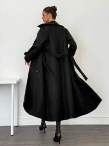 SHEIN Tall Women's Solid Color Lapel NeckDouble-Breasted Long Overcoat Long Black Coat In Fall/Winter - Black - View 2